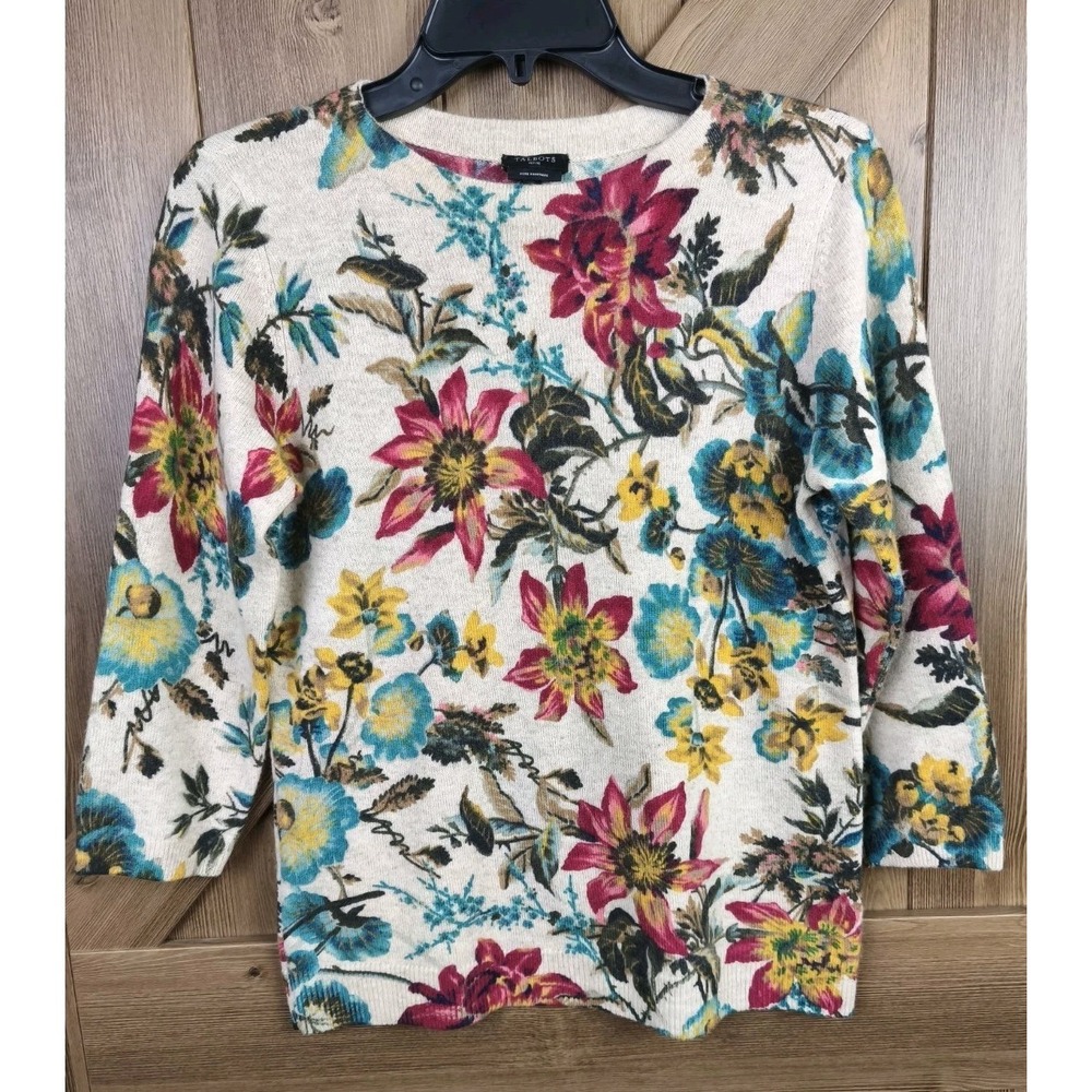 Talbots Petite Pure Cashmere Sweater MP‎ Floral Print 3/4 Sleeve Luxury